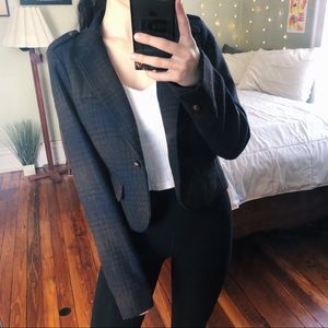 AE Outfitters Cropped Plaid Blazer Navy and Brown